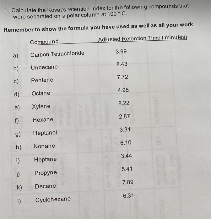 Solved 1. Calculate the Kovat's retention index for the | Chegg.com