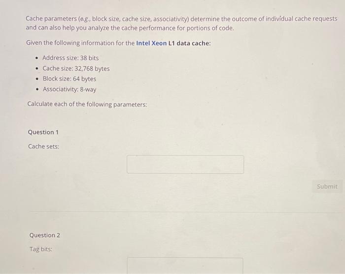 Solved Cache Parameters (eg, Block Size, Cache Size, | Chegg.com