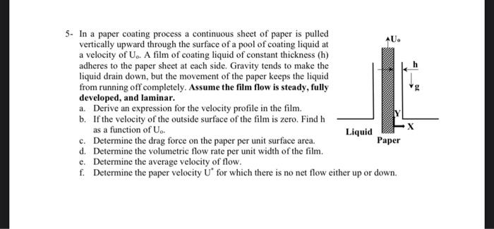 5- In a paper coating process a continuous sheet of paper is pulled vertically upward through the surface of a pool of coatin