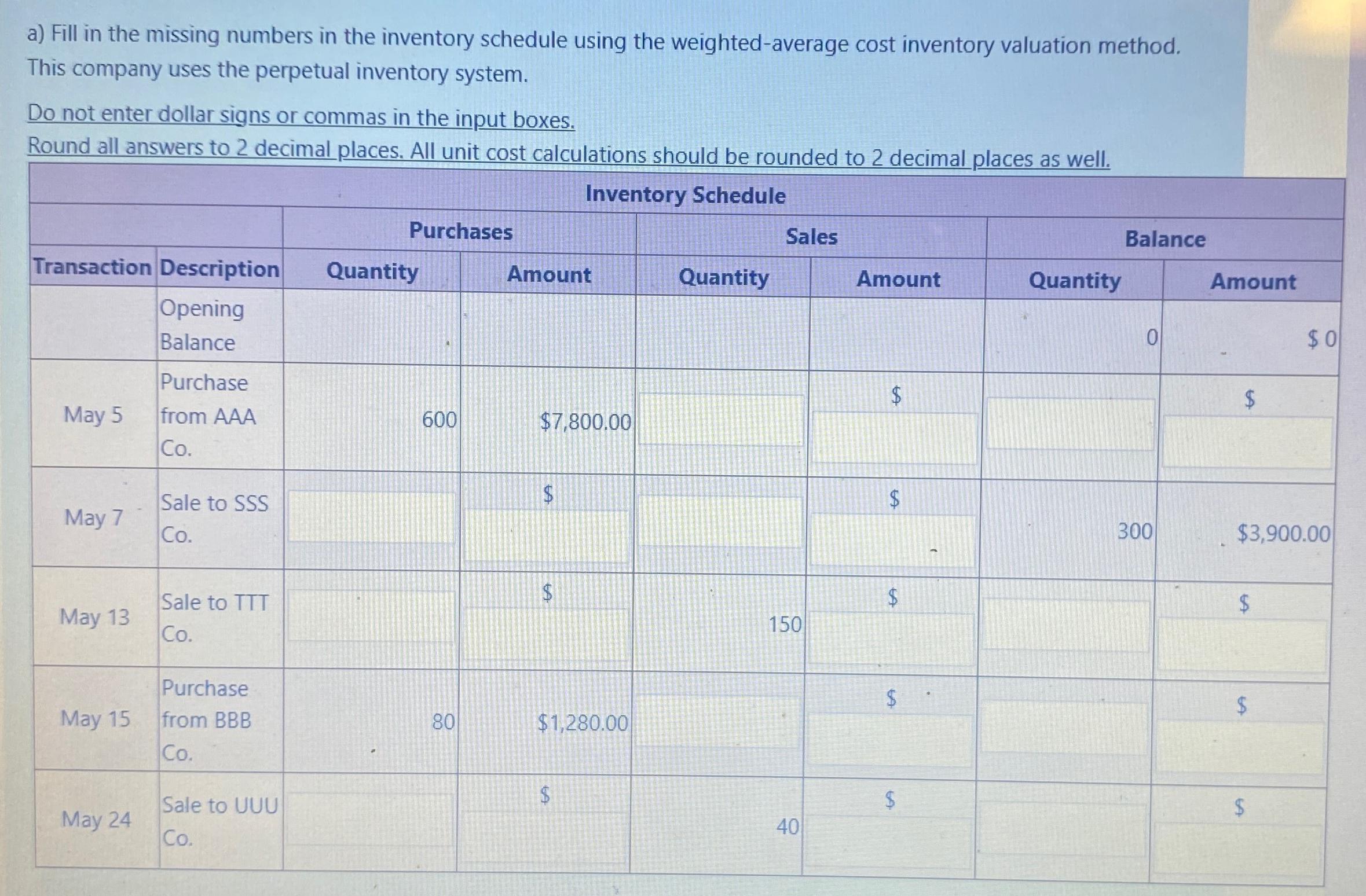 Solved a) ﻿Fill in the missing numbers in the inventory | Chegg.com
