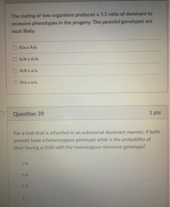 Solved The mating of two organisms produces a 1:1 ratio of | Chegg.com