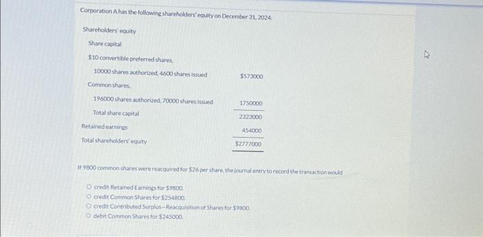 Solved Corporation A Has The Following Shareholders' Equity | Chegg.com