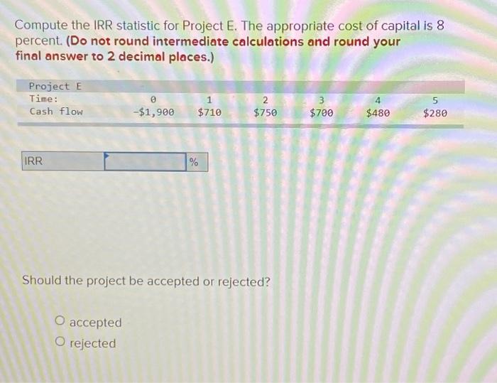 Solved Compute the IRR statistic for Project E. The | Chegg.com