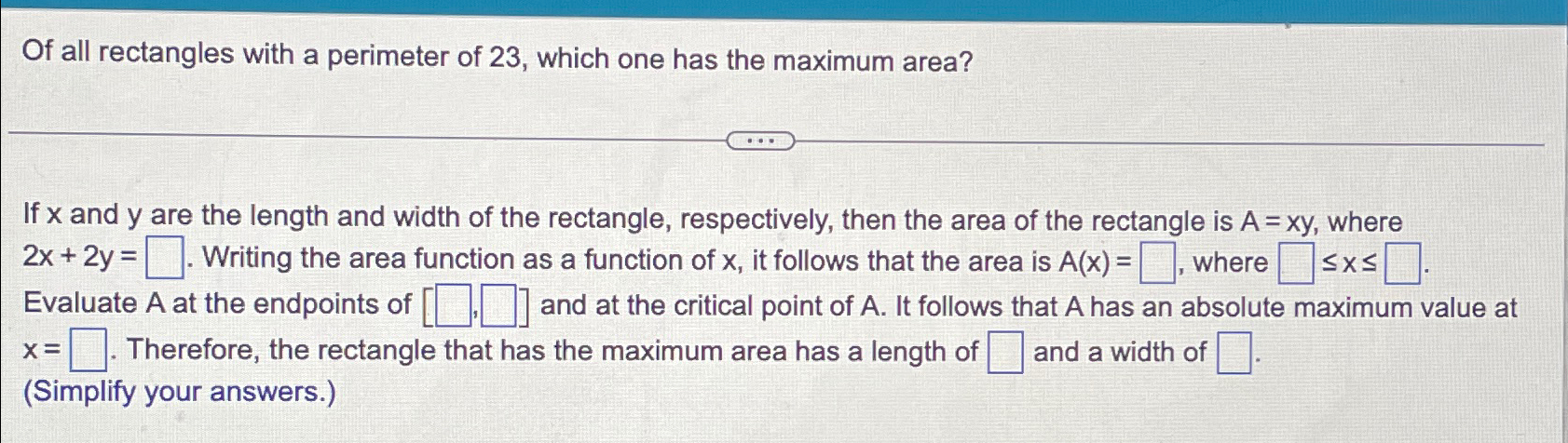 Solved Of all rectangles with a perimeter of 23, ﻿which one | Chegg.com