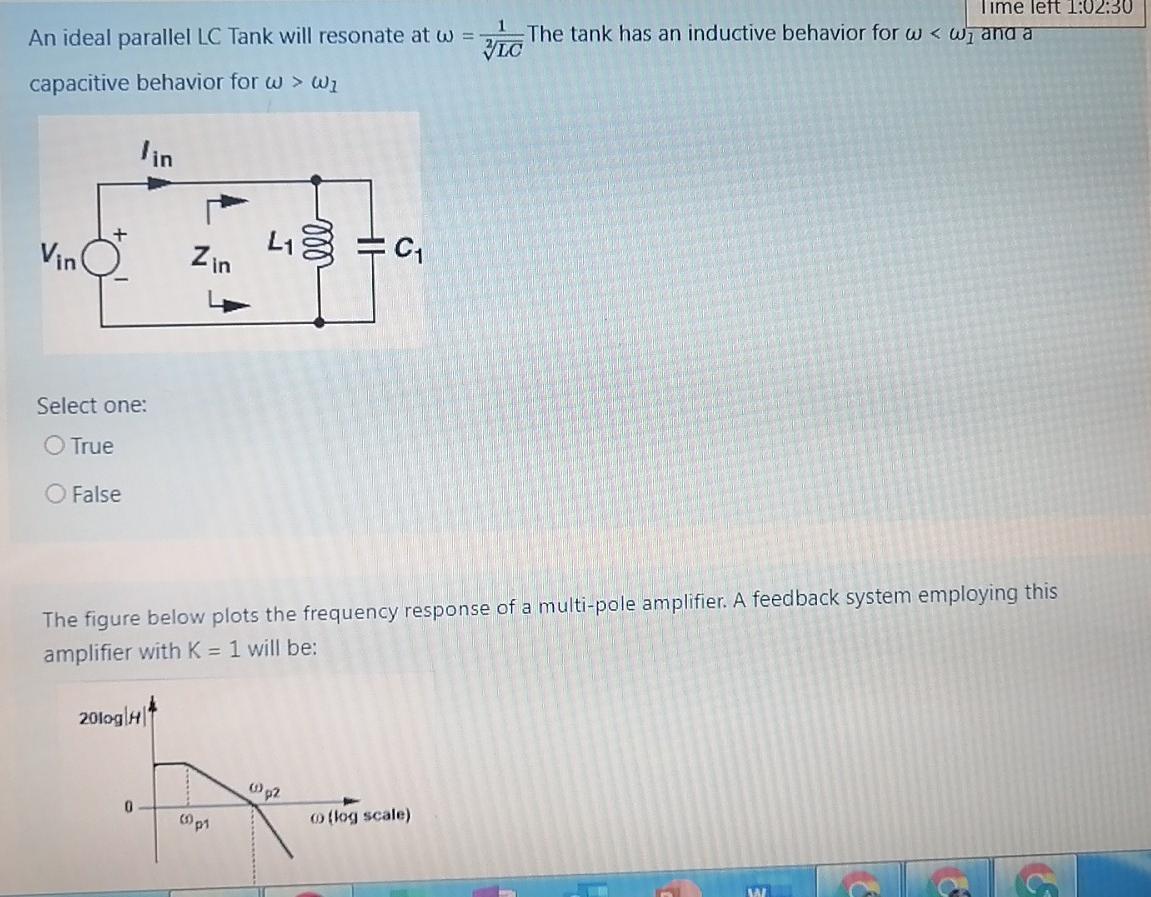 Solved Time left 1:02:30 An ideal parallel LC Tank will | Chegg.com