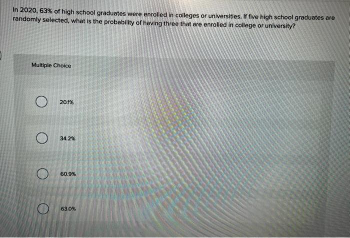 Solved In 2020,63% of high school graduates were enrolled in | Chegg.com