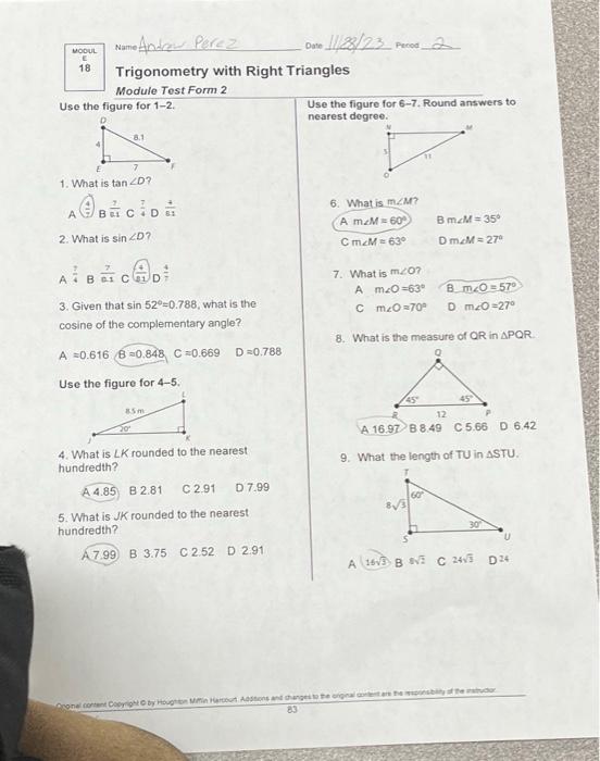 18 Trigonometry with Right Triangles Module Test Form | Chegg.com