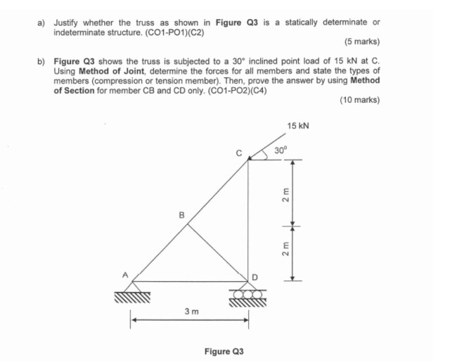 Solved a) Justify whether the truss as shown in Figure Q3 is | Chegg.com