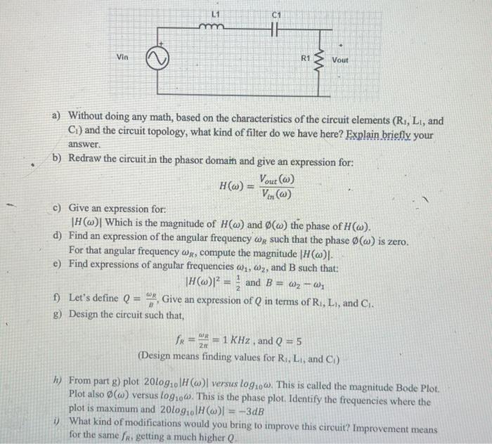 Solved C1 L1 mm HE W Vin R1 Vout a) Without doing any math, | Chegg.com