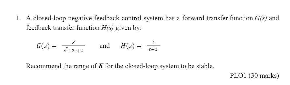 Solved 1. A closed-loop negative feedback control system has | Chegg.com