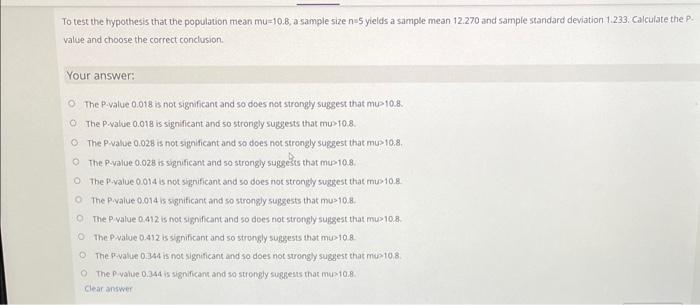Solved To test the hypothesis that the population mean | Chegg.com