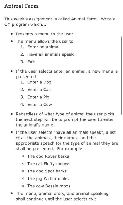 Solved Animal Farm This week's assignment is called Animal 
