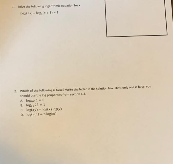 Solved 1. Solve the following logarithmic equation for x log | Chegg.com