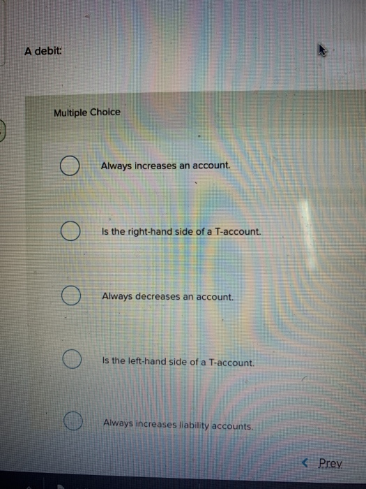 Solved A debit: Multiple Choice Always increases an account. | Chegg.com