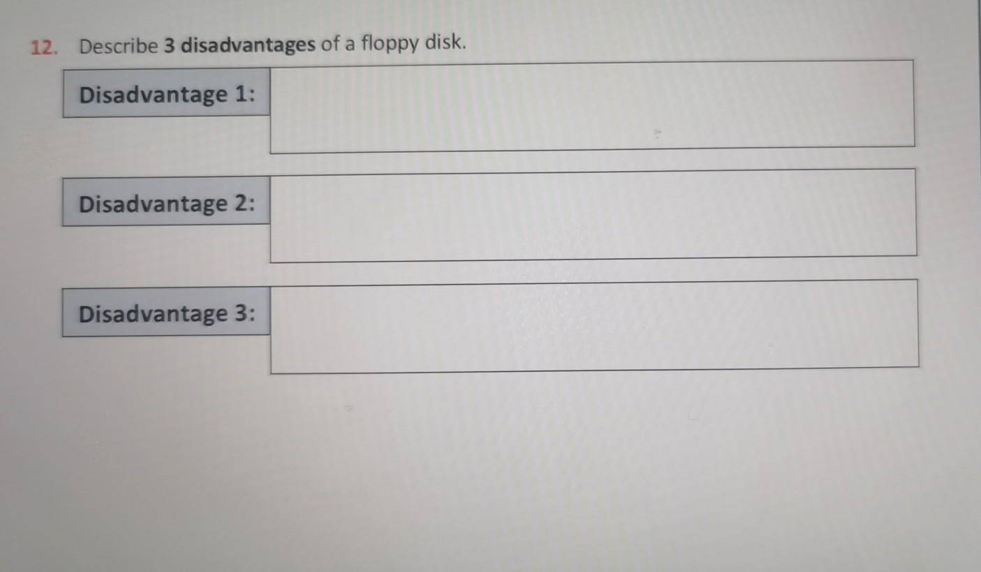 Solved 12. Describe 3 disadvantages of a floppy disk.