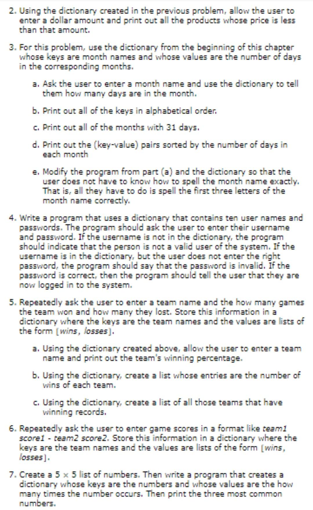 Solved 2. Using the dictionary created in the previous | Chegg.com