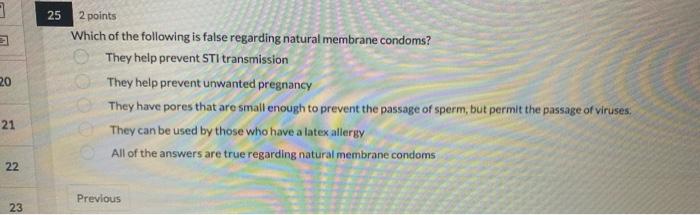 Which of the following is false regarding natural membrane condoms?
They help prevent STI transmission
They help prevent unwa