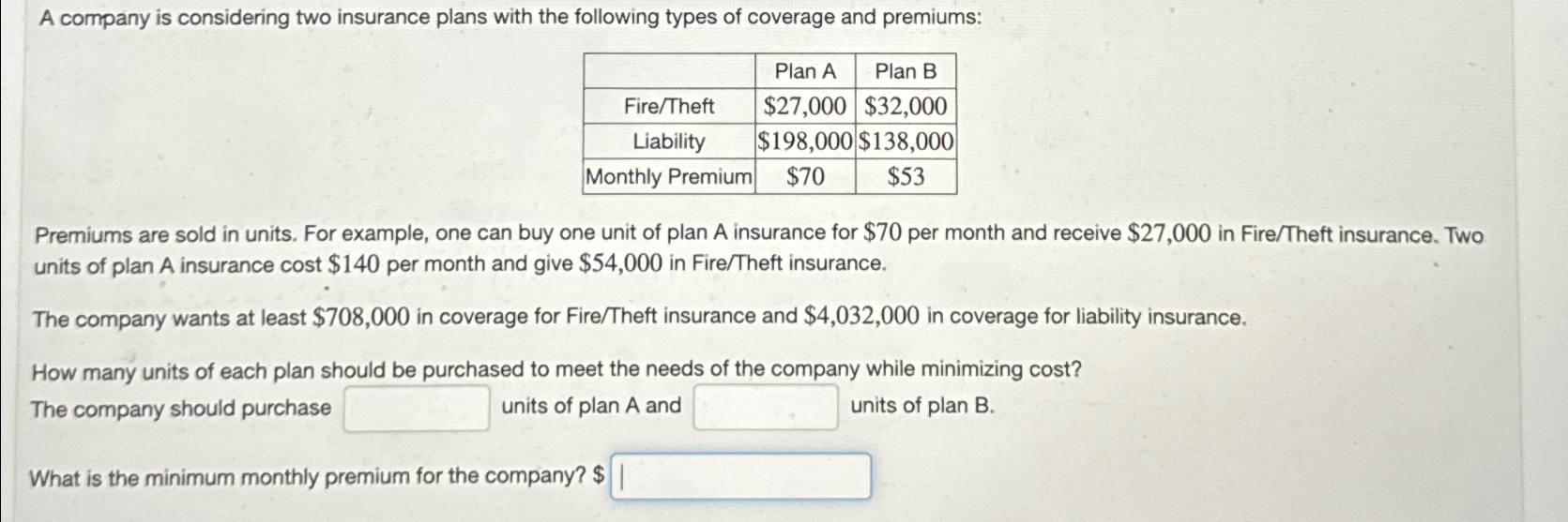 Solved A company is considering two insurance plans with the | Chegg.com