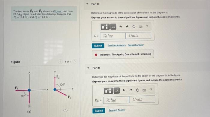 Solved The two forces F₁ and Fa shown in (Eigure 1) act on a | Chegg.com