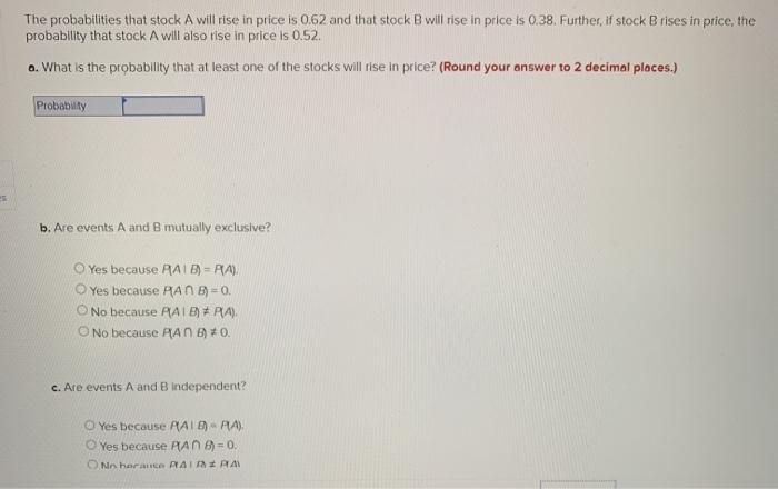 Solved The Probabilities That Stock A Will Rise In Price Is | Chegg.com