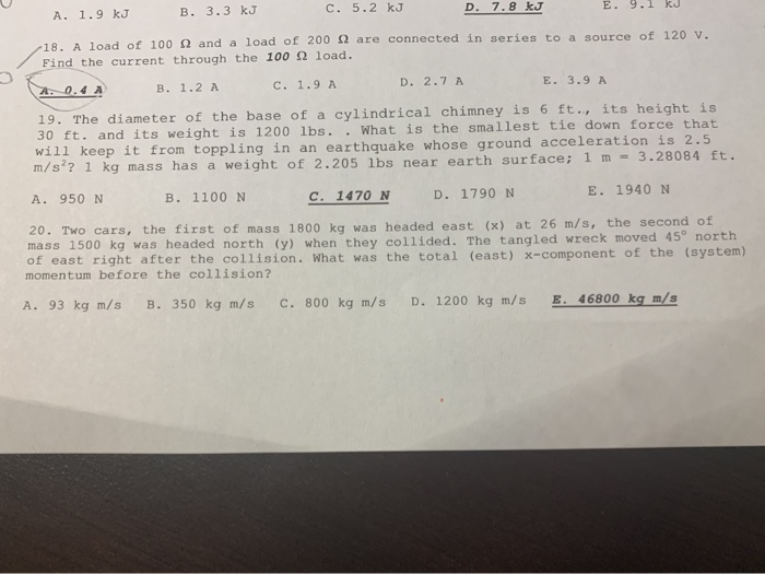 Solved A 1 9 Kj B 3 3 Kj C 5 2 Kj D 7 8 Kj E 9 1 Ku Chegg Com