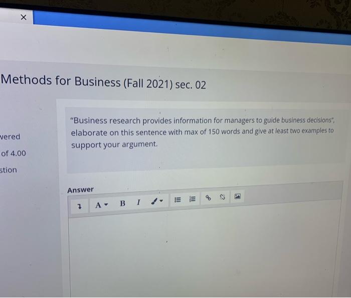 Solved х Methods For Business (Fall 2021) Sec. 02 Vered | Chegg.com