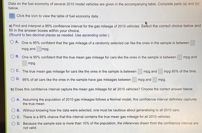 Solved Data On The Fuel Economy Of Several 2010 Model | Chegg.com