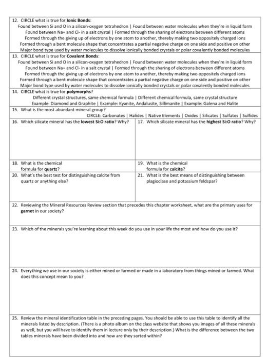 Solved Minerals - Chapter Worksheet 1. How Do Minerals | Chegg.com