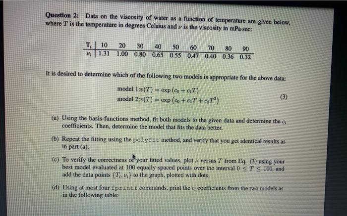 Solved Question 2: Data on the viscosity of water as a | Chegg.com
