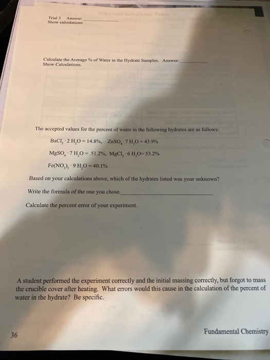 Solved Lab 5 Data Sheet Percent Water in a Hydrate Name