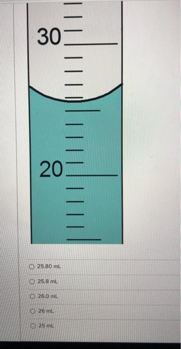 Solved 30 20 © 25.80 ml. 0 25.8 ml O 26.0 mL © 26 mL e 25 ml | Chegg.com