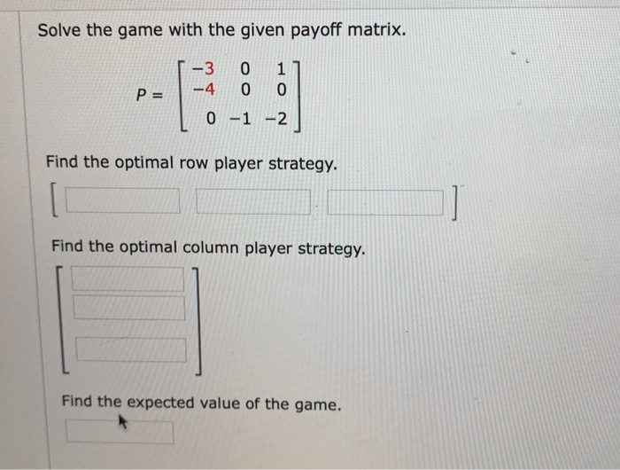 Solved Solve The Game With The Given Payoff Matrix. -3 0 1 0 | Chegg.com