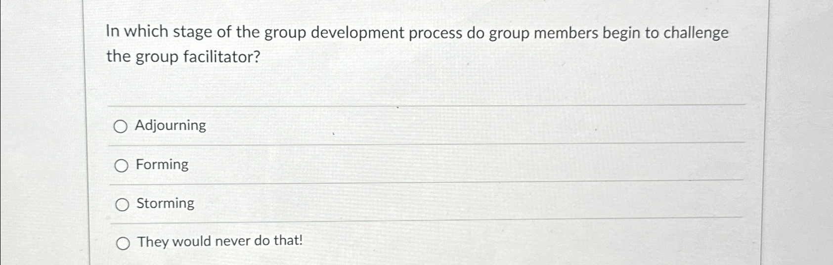 Solved In which stage of the group development process do | Chegg.com