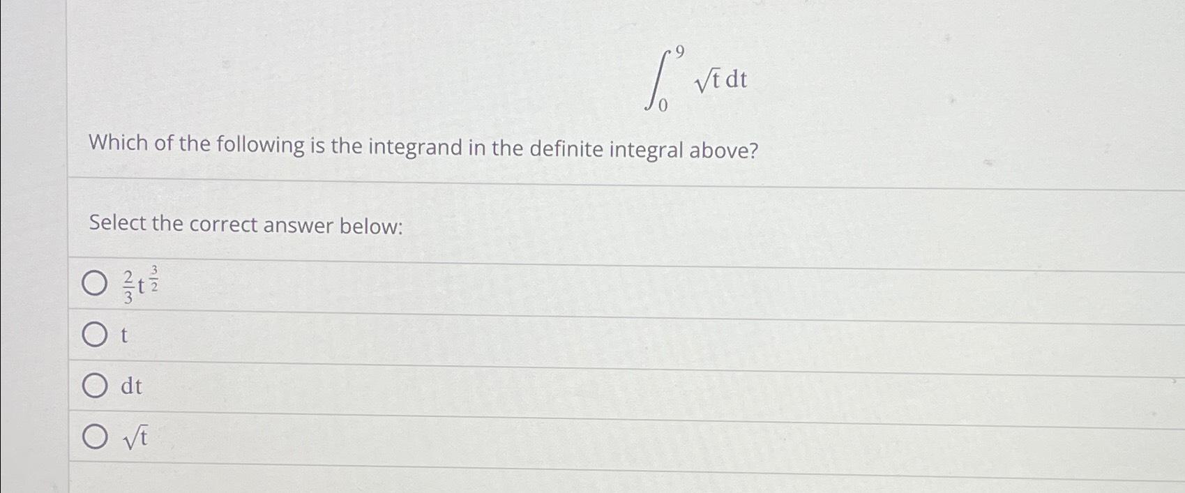 Solved ∫09t2dtWhich of the following is the integrand in the | Chegg.com