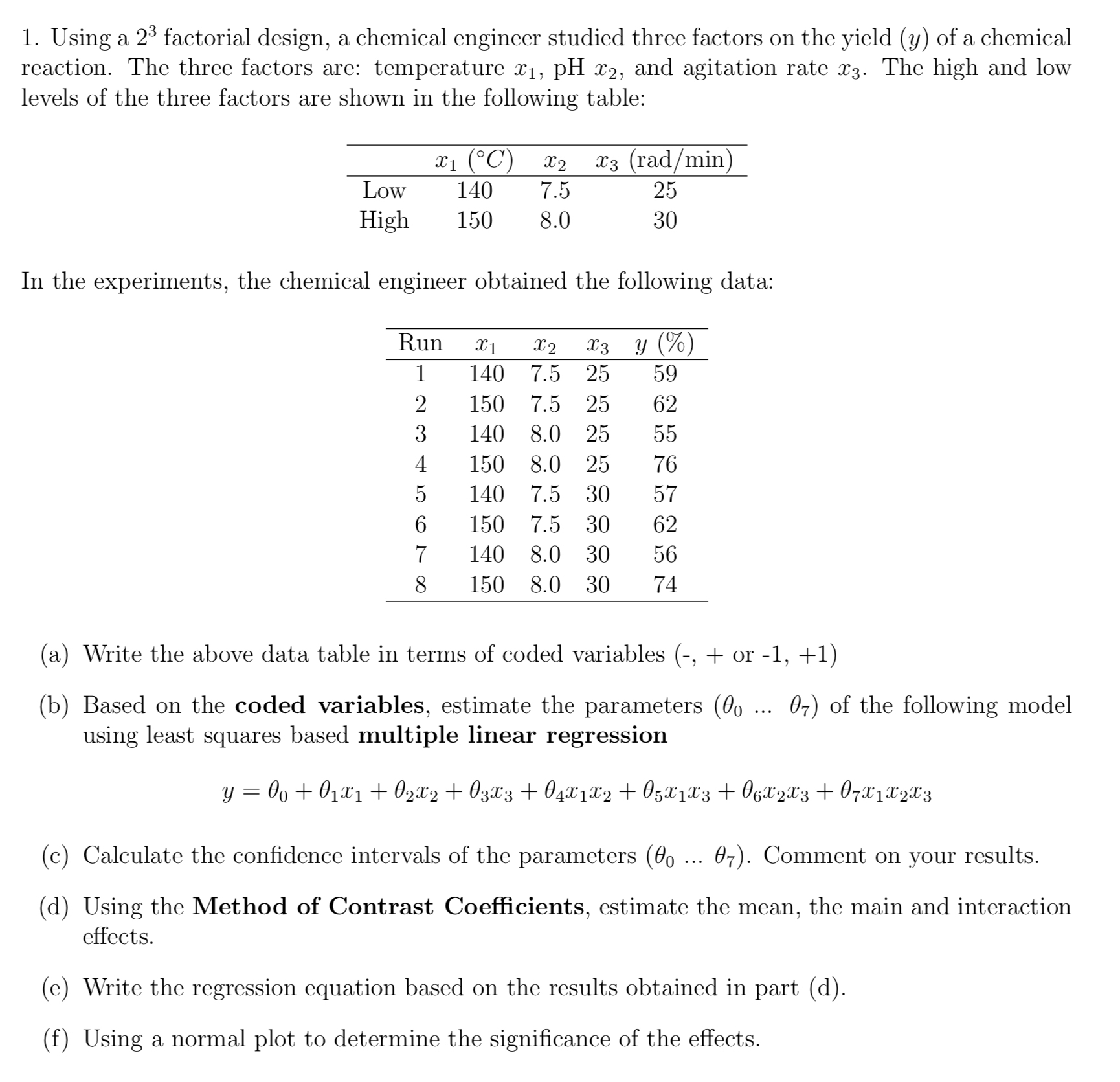 Solved Using a 23 ﻿factorial design, a chemical engineer | Chegg.com