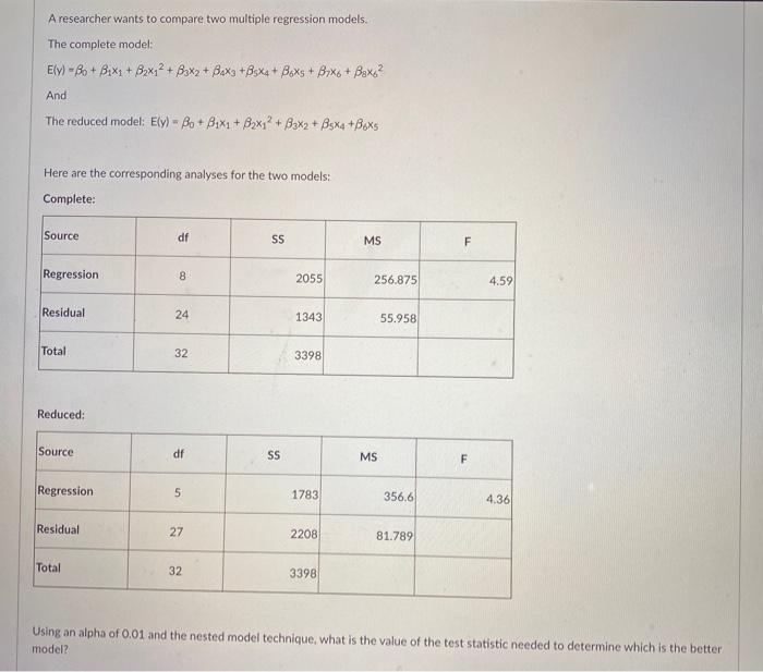 Solved A researcher wants to compare two multiple regression | Chegg.com