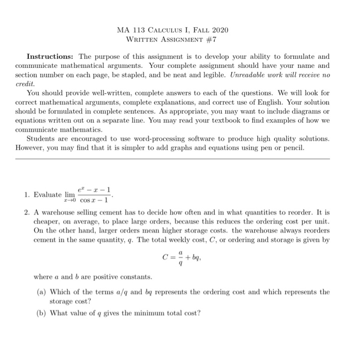 Solved MA 113 CALCULUS I, FALL 2020 WRITTEN ASSIGNMINT #9