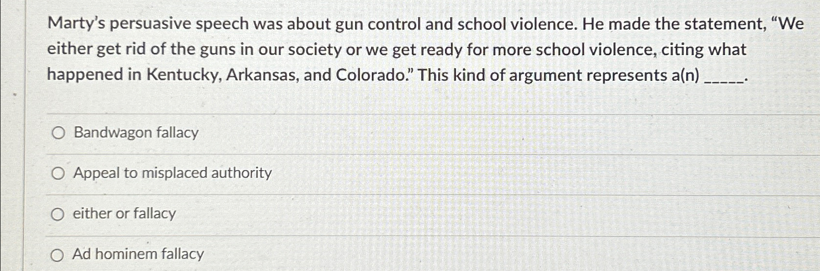 marty's persuasive speech was about gun control and school violence