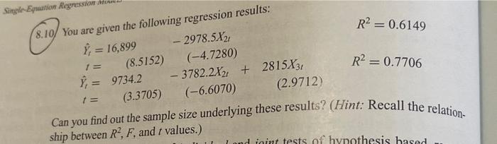 Solved 8.10. You are given the following regression results Solved 8.10. You are given the following regression results