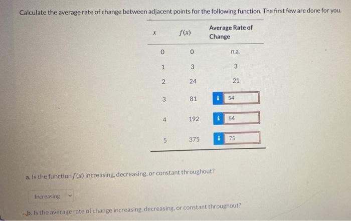 Calculate the average rate of change between adjacent points for the following function. The first few are done for you.
Aver