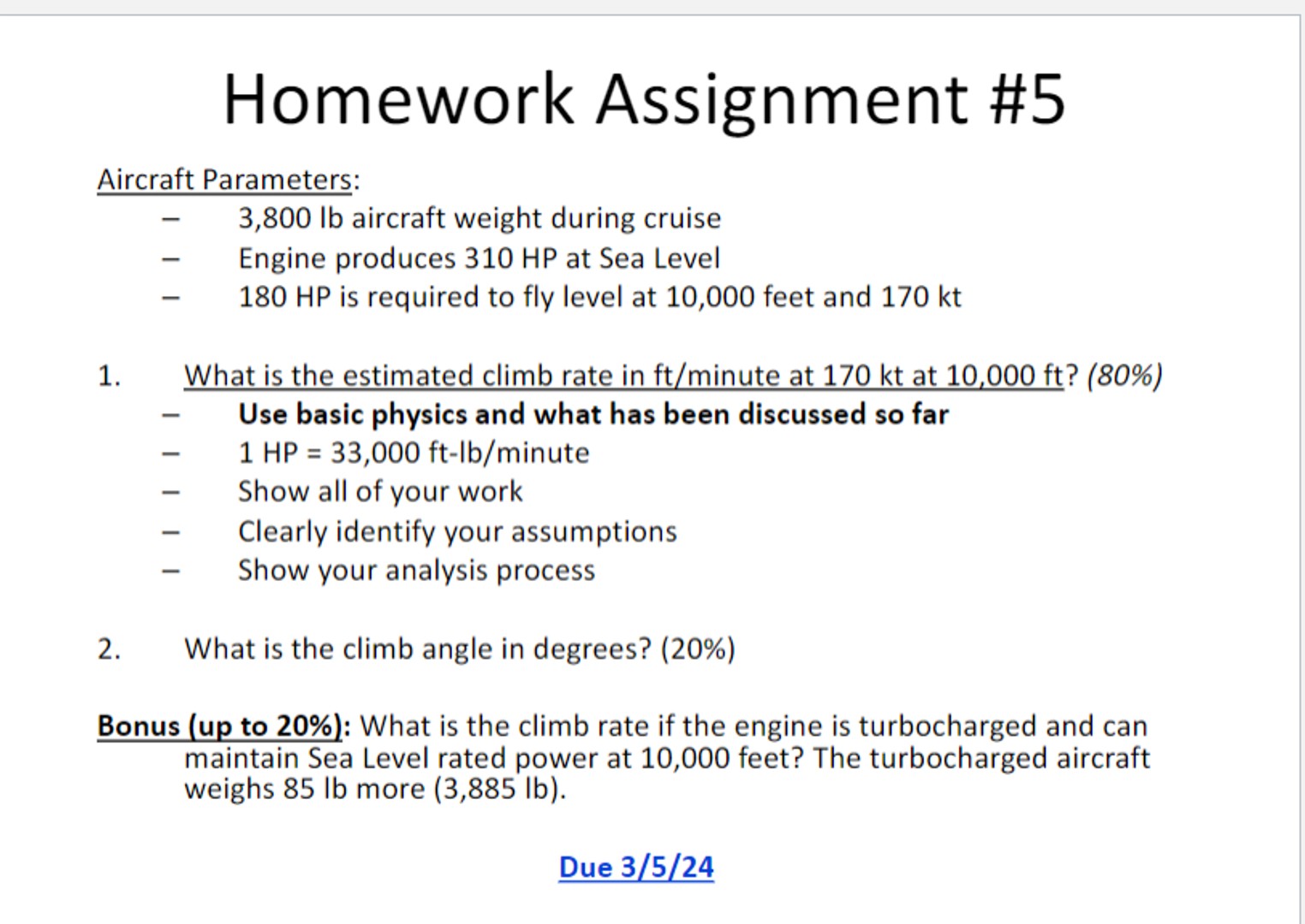 Solved Homework Assignment #5Aircraft Parameters:,3,800lb | Chegg.com