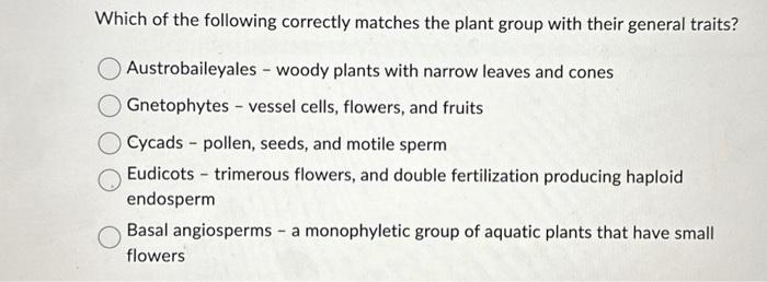 Solved Which of the following correctly matches the plant | Chegg.com