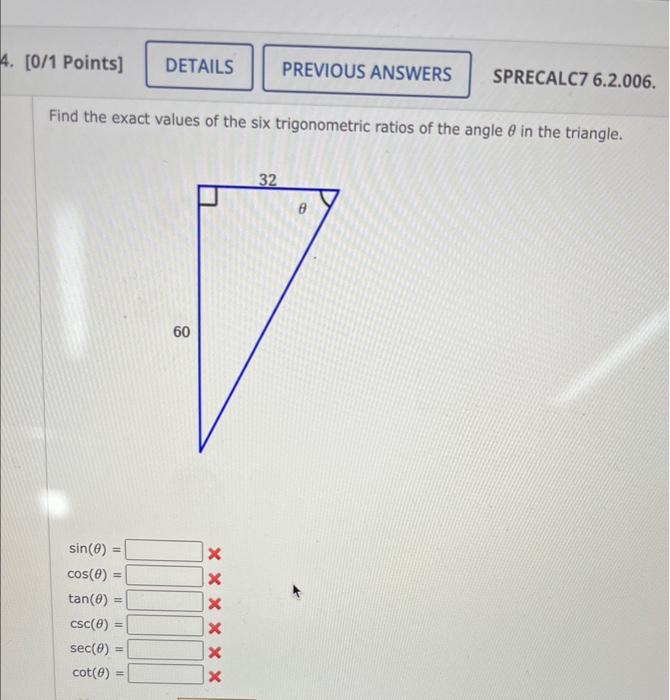 Solved Find the exact values of the six trigonometric ratios | Chegg.com