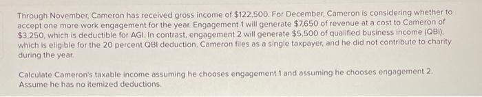 Solved Through November, Cameron has received gross income | Chegg.com