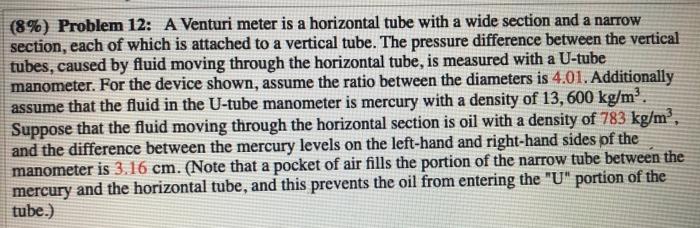 Solved (8\%) Problem 12: A Venturi meter is a horizontal | Chegg.com