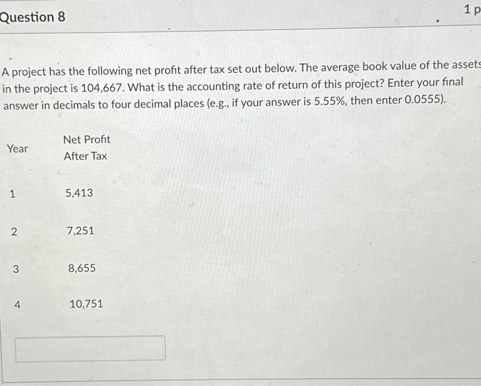Solved Question 8 A project has the following net profit | Chegg.com