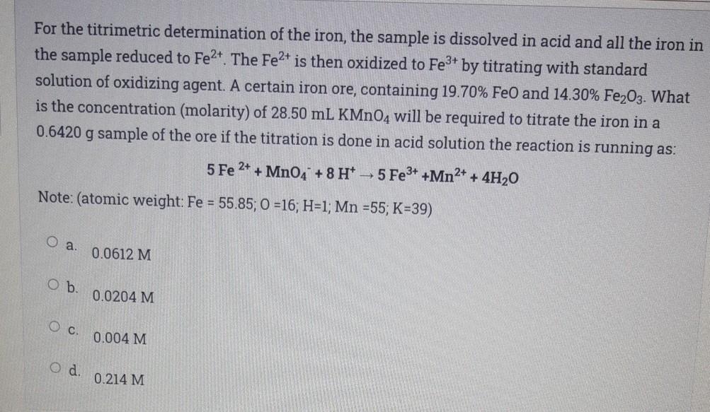 Solved For the titrimetric determination of the iron, the