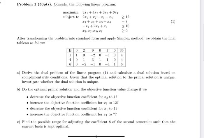 Problem 1 (50pts). Consider the following linear | Chegg.com