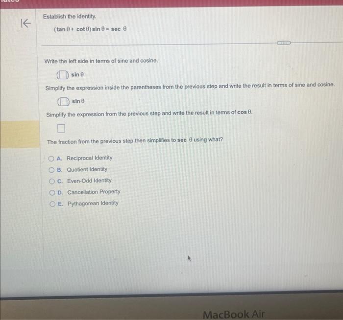 Solved Establish the identity. secθ⋅sinθ=tanθ Write the left | Chegg.com