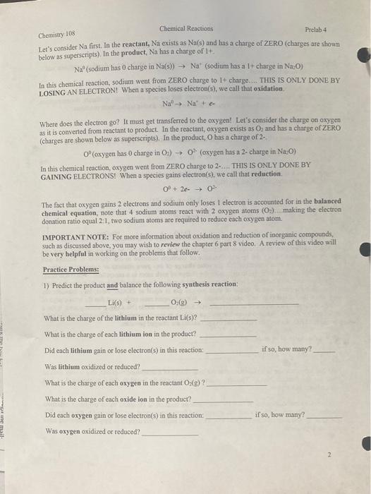Solved Prelab 4 Chemistry 108 Chemical Reactions PreLab 4
